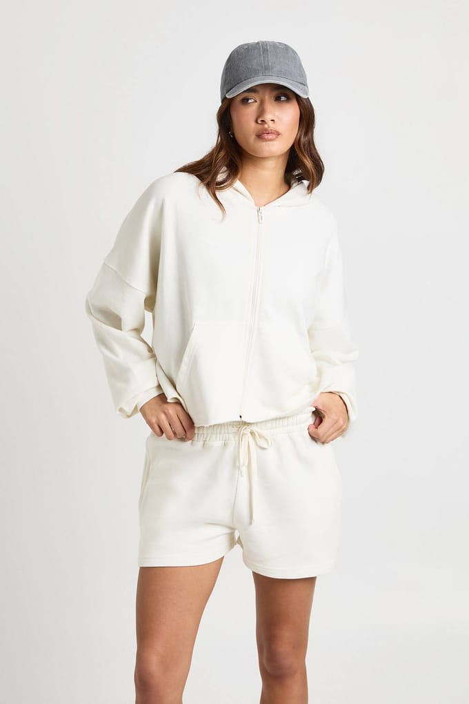boohoo Dames Gewassen Loopback Trainingspak Met Versleten Zoom En Korte Broek | Ecru | Maat: Large