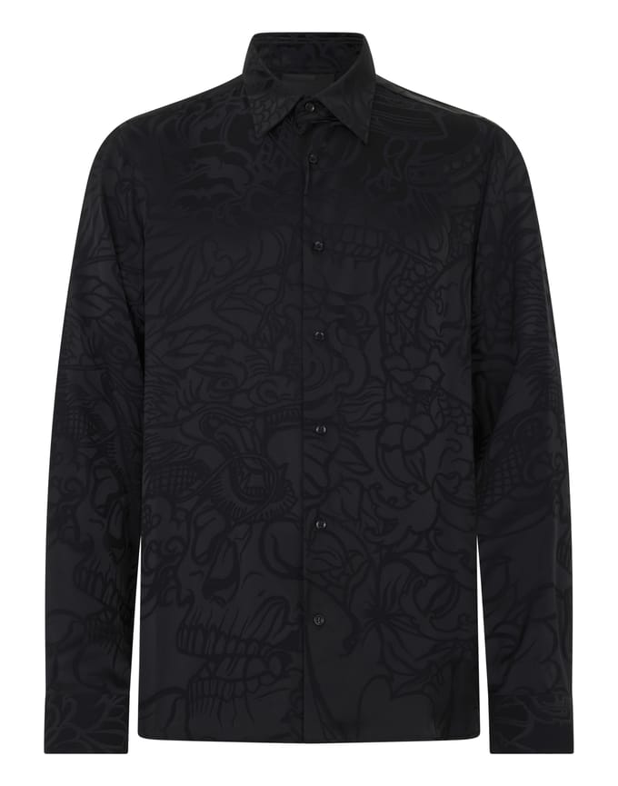 Loose Fit Silk Shirt Dragon Skull