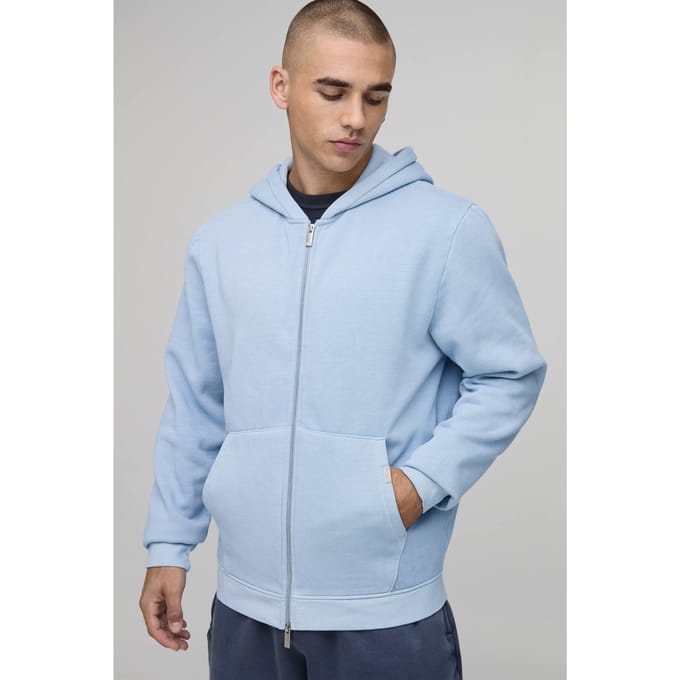 Essentiële Gewassen Boxy Doorritshoodie | Washed Light Blue | Size Medium