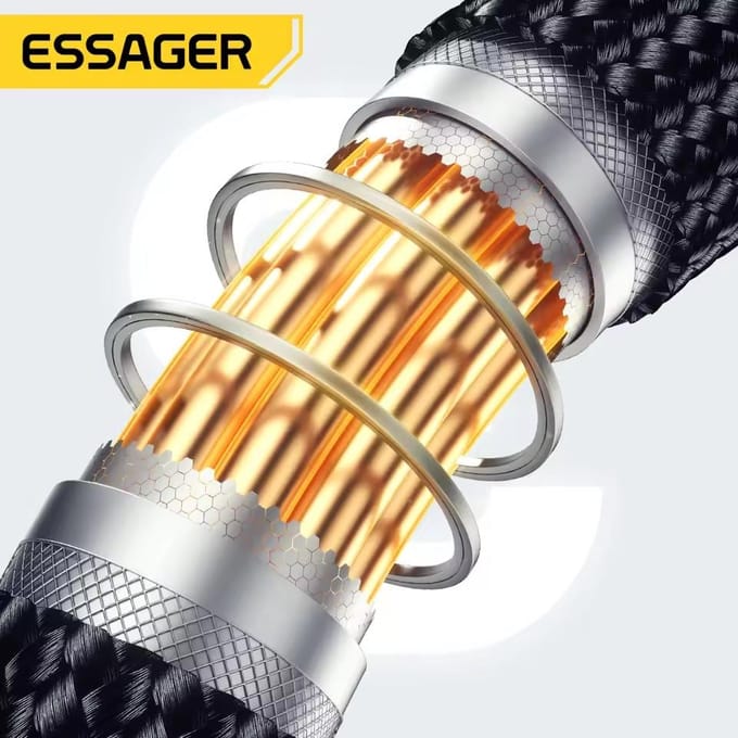 ESSAGER USB-C Kabel 100W PD 1.2M Spiraal, Snel Laden, Nylon
