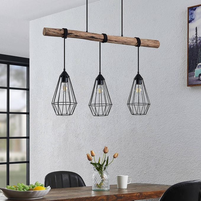 Lindby - hanglamp - 3lichts - Metaal, hout - H: 25.6 cm - E27 - matzwart, licht hout