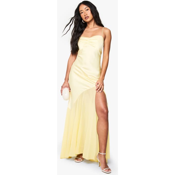 boohoo Dames Satijn en chiffon mix maxi-jurk | Citroen | Maat: 40