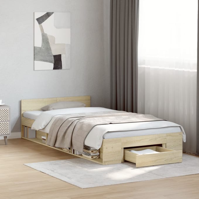 vidaXL - Bedframe - met - lade - bewerkt - hout - sonoma - eikenkleurig - 75x190 - cm