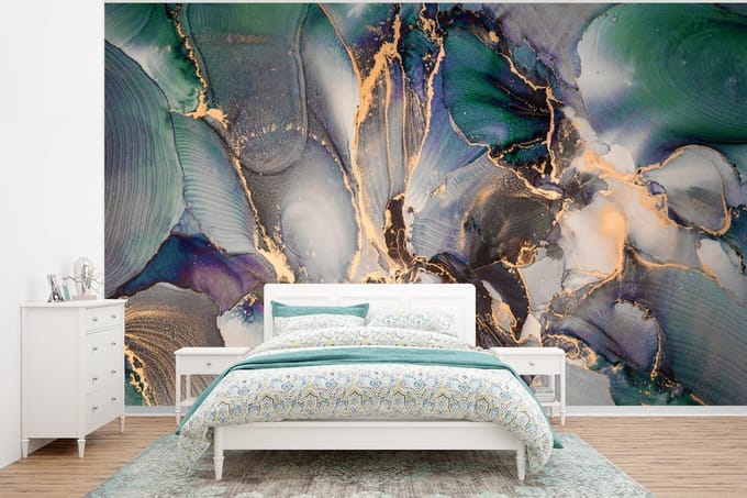 Behang - Fotobehang Goud - Blauw - Marmer - Breedte 295 cm x hoogte 220 cm