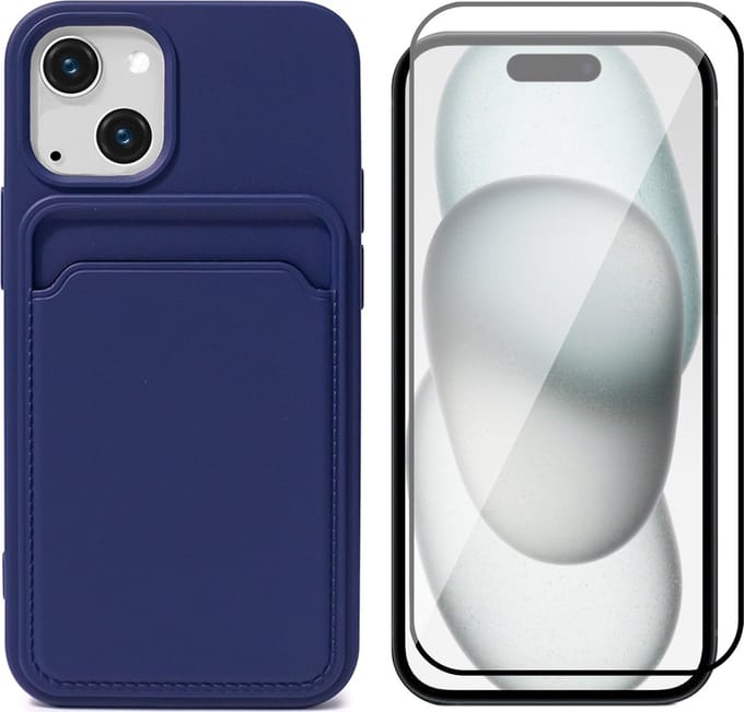 Hoesje Pasjeshouder geschikt voor iPhone 15 Plus - Screenprotector FullGuard - Siliconen Case Back Cover Blauw & Screen Protector