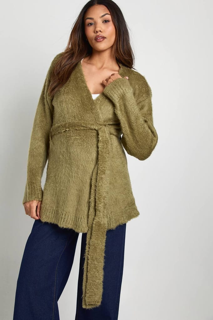 boohoo Dames Zwangerschaps Cardigan met pluizige riem | Kaki | Maat: Medium