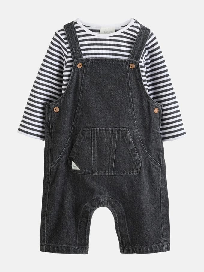 Next - Jongens - Set voor baby's van denim tuinbroek en rompertje - Grijs