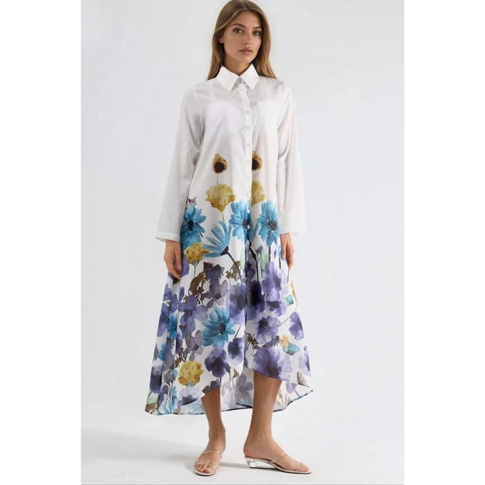 Bloemen Maxi Jurk met Hemd Kraag en Knopen Sluiting
