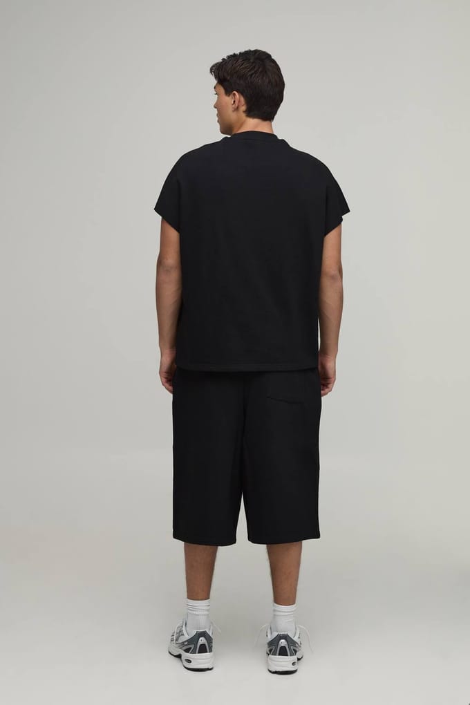 Oversized Boxy Loopback T-shirt Met Korte Mouwen En Jorts Set | Black | Size XS