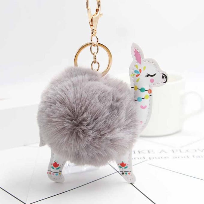DW4Trading Pompom Alpaca Sleutelhanger - Fluffy - Bolletje - Taupe / Grijs