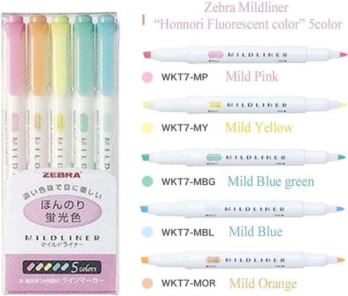 Zebra Mildliners | dubbelzijdige stiften set | 5 milde kleuren