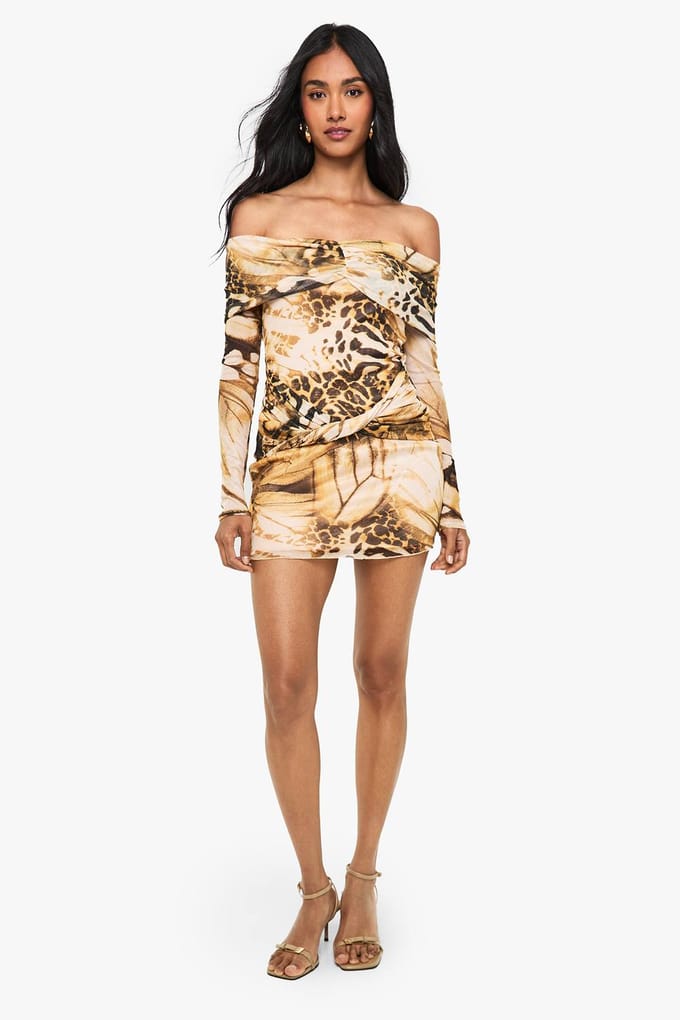 boohoo Dames Abstracte Mesh Twist-Front Bardot Mini-jurk | Brown | Maat: 14