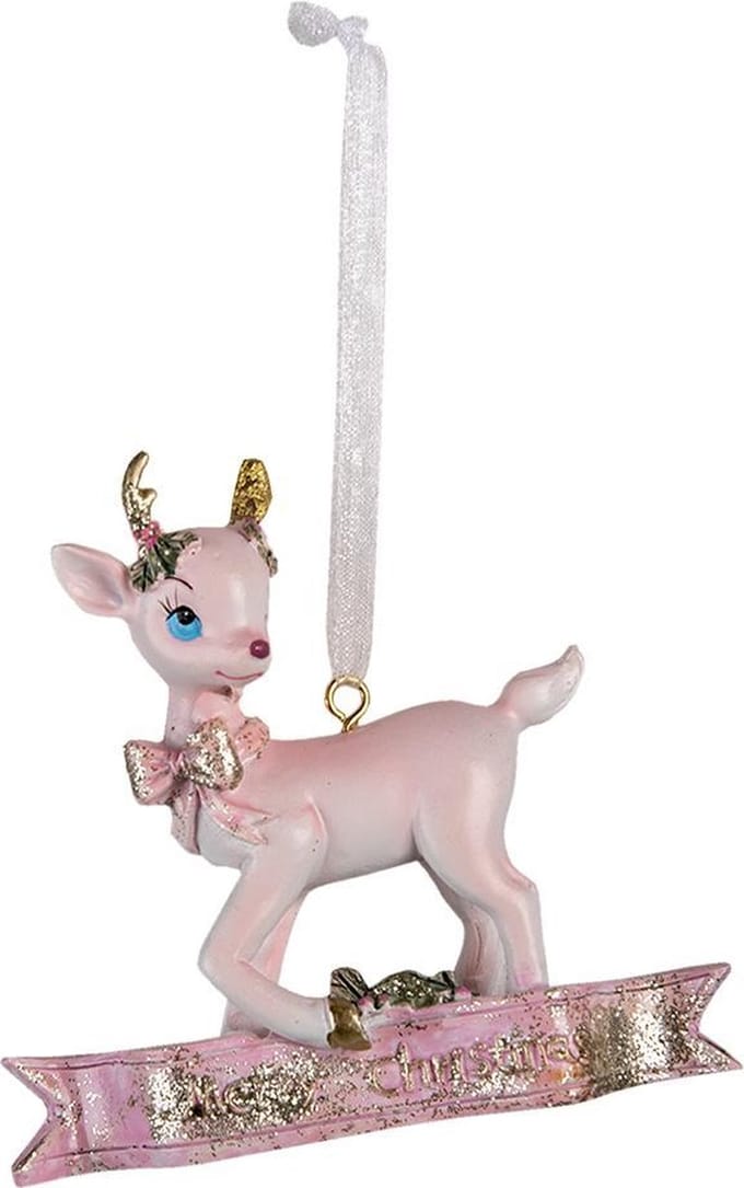 Clayre & Eef Kersthanger Rendier 9x3x9 cm Roze Kunststof Kerstbal