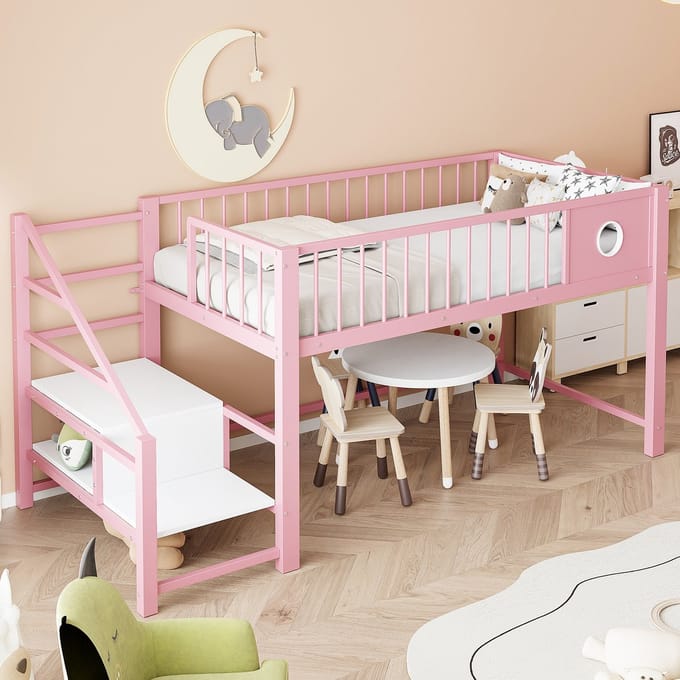 PHOEBE CAT Halfhoogslaper - 90 x 200 cm - Metalen frame - Kinderbed - Roze