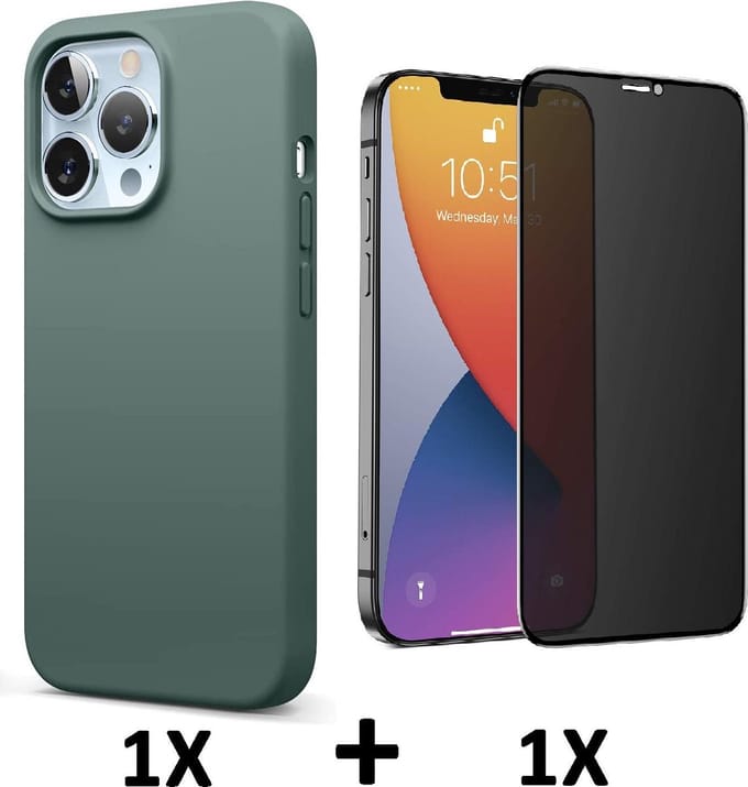 HB Hoesje Geschikt voor Apple iPhone 13 Pro Max - Groen / Privacy Glazen Screenprotector - Siliconen Back Cover