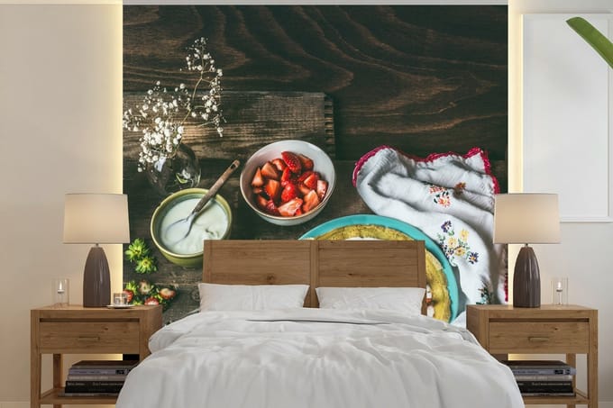 Behang - Fotobehang Aardbei - Rustiek - Fruit - Rustiek Bloemen - Breedte 280 cm x hoogte 280 cm
