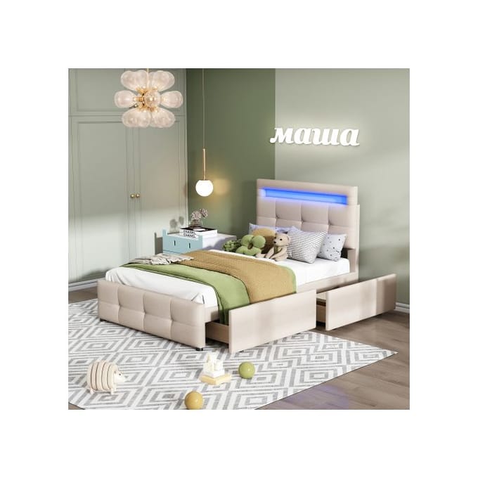 Bed 90x200 cm - MUVOE - Gestoffeerd - LED-verlichting - 2 lades - Beige beige