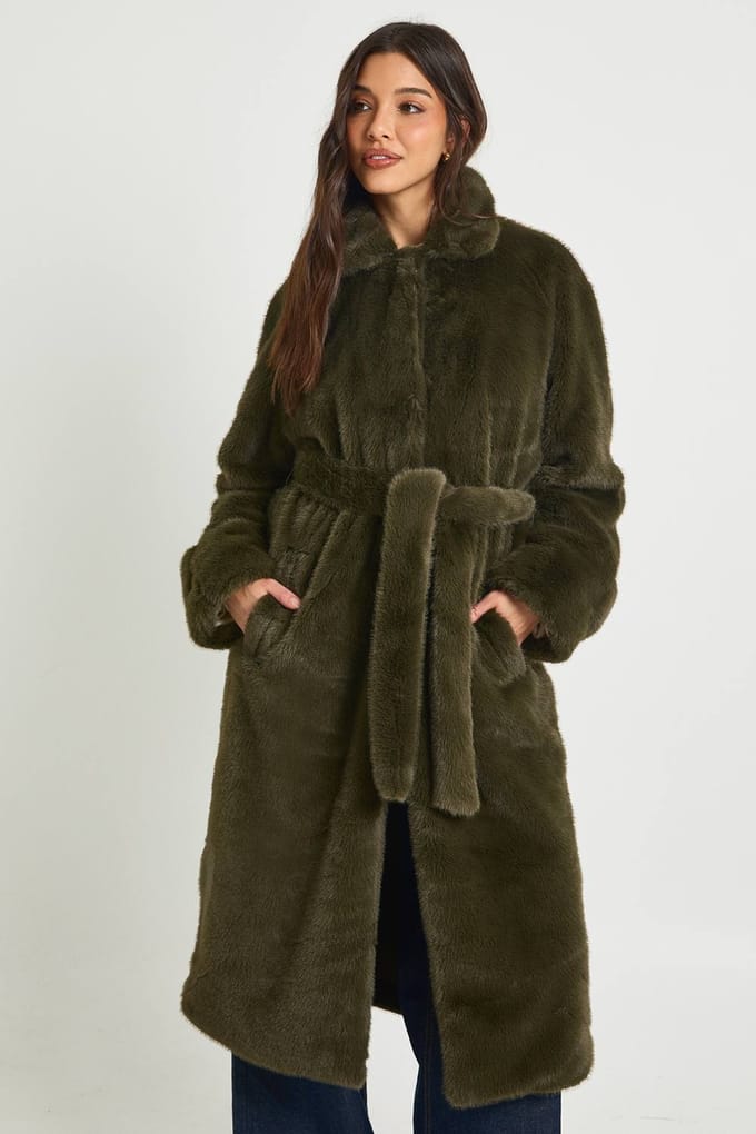 boohoo Dames Lange Jas met Riem van Nepbont | Green | Maat: 10