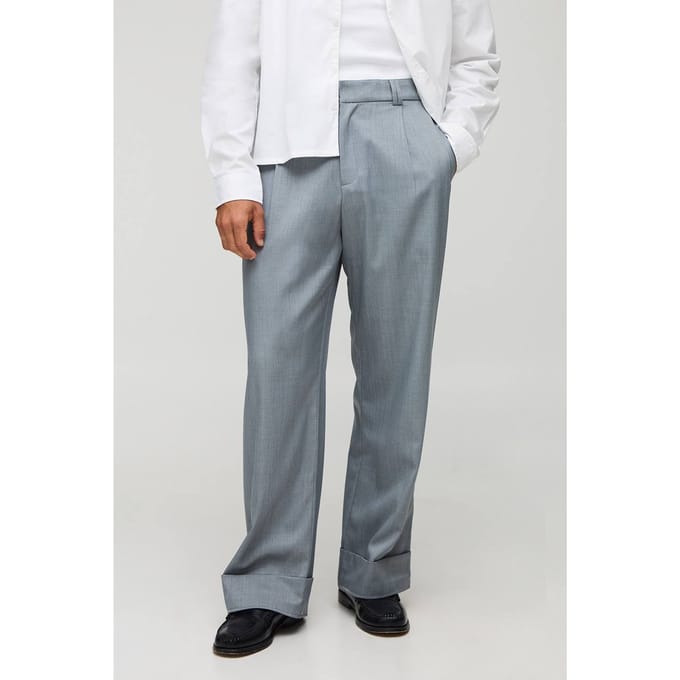 Broek met wijde pijpen, geplooide voorkant en opgerolde zoom | Light Grey | Size 30