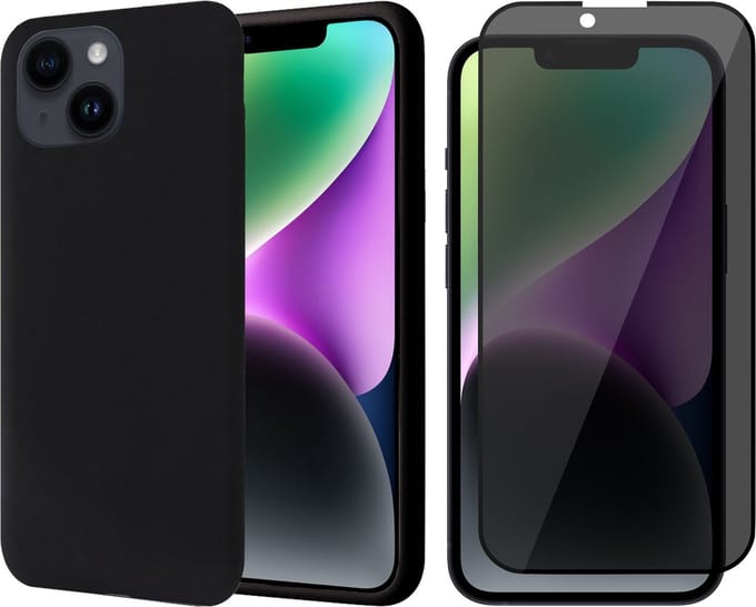 Hoesje geschikt voor iPhone 14 Plus - Privacy Screen Protector FullGuard - Back Cover Case SoftTouch Zwart & Screenprotector
