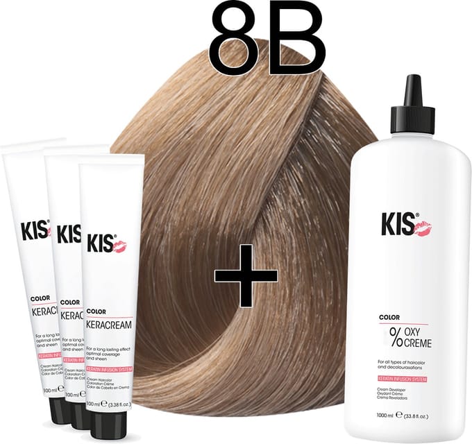 Kis KeraCream Color - 100ml - Haarverf Set - 8B Licht beige | KIS - (3 x haarverf & 1L waterstofperoxide)