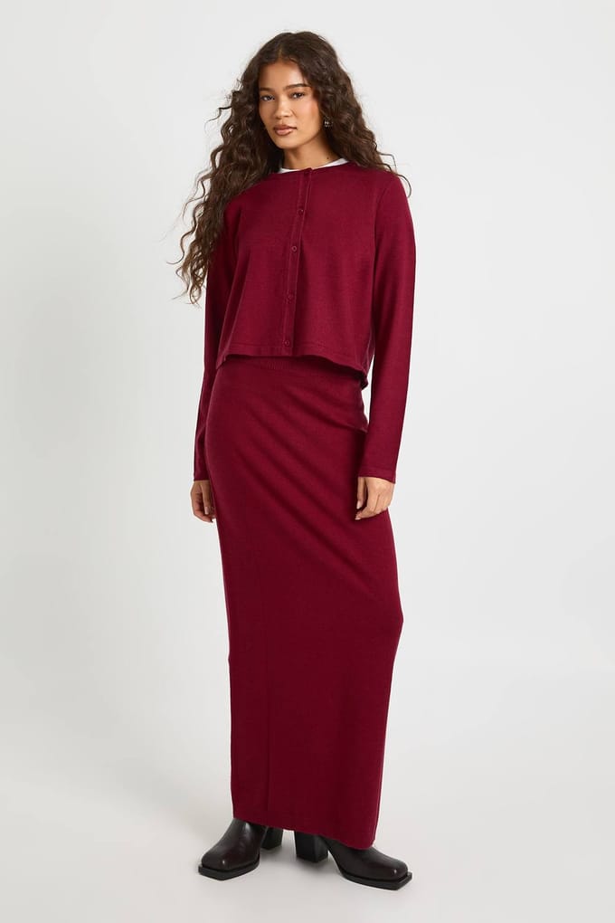 boohoo Dames Rib Knit Maxi Rok | Burgundy | Maat: Medium