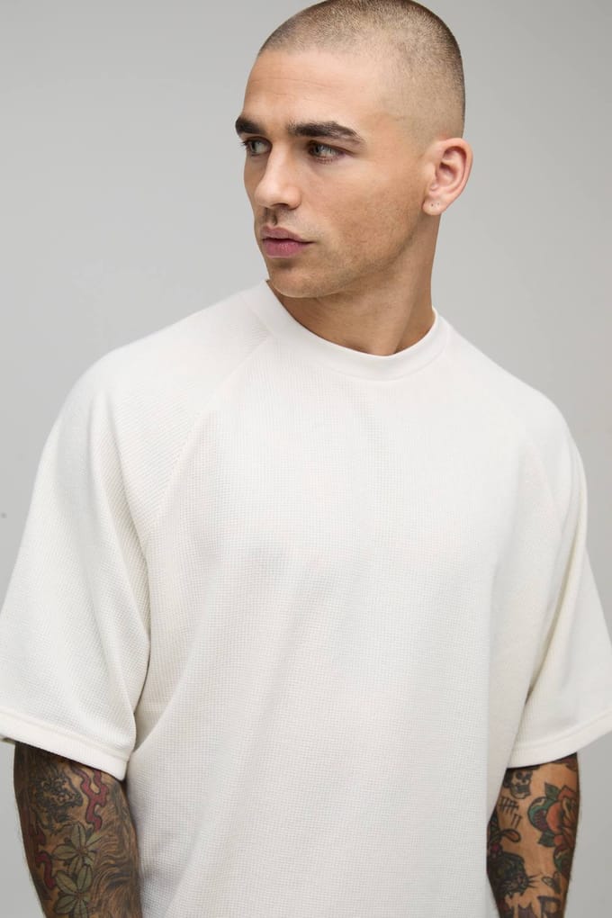 Oversized Boxy Waffle Raglan T-Shirt | Ecru | Size Small