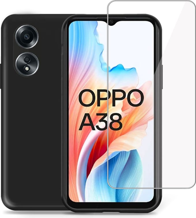 Hoesje + Screenprotector geschikt voor OPPO A38 – Tempered Glass - Liquid Back Case Cover Zwart