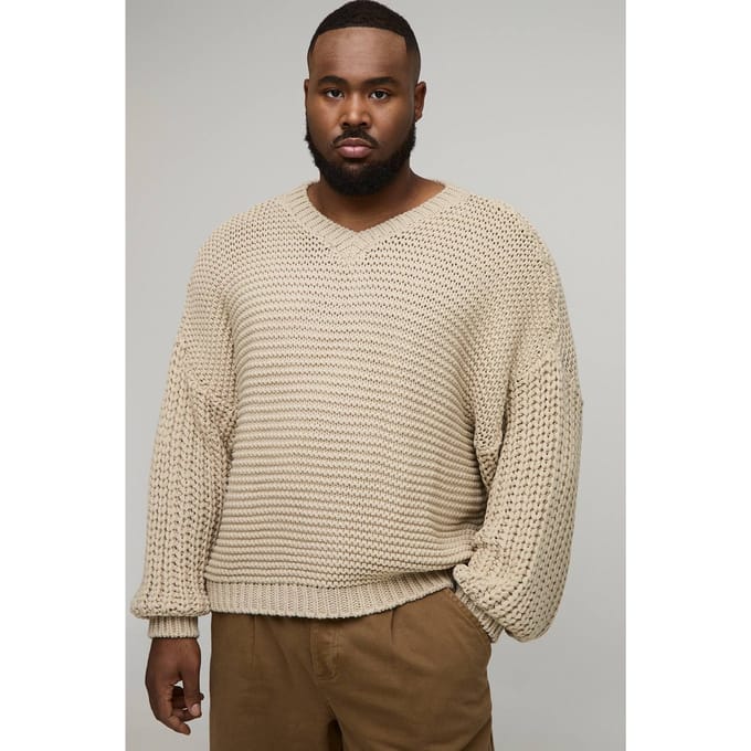 Plus Chunky Knit Oversized V Neck Jumper | Ecru | Size 2XL