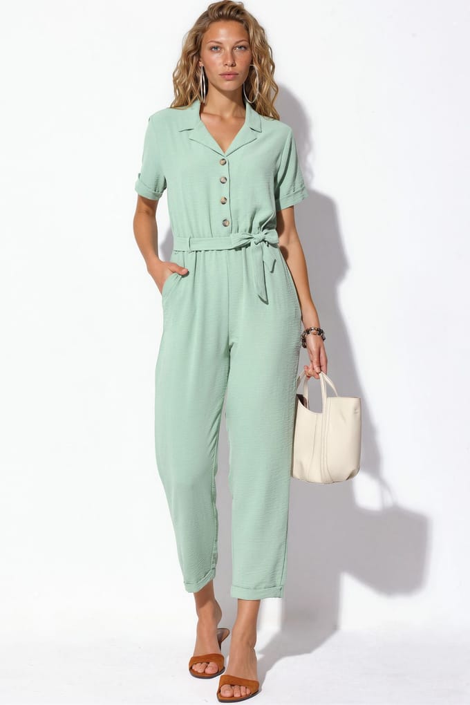 Effen Geweven Jumpsuit met Kraag en Strikdetail