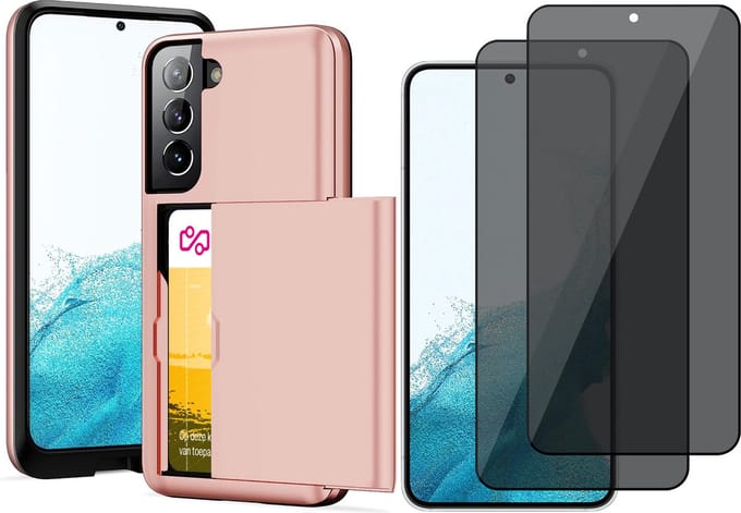Hoesje met Pasjeshouder geschikt voor Samsung Galaxy S22 Plus - 2x Privacy Screen Protector FullGuard - Back Cover SlideCase Roségoud & Screenprotector