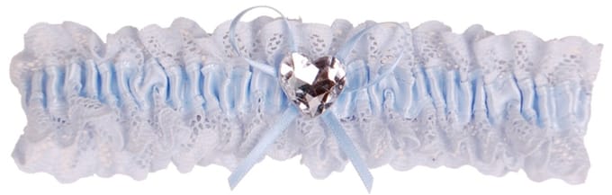 Kousenband blauw kant met strikje en strass hartje