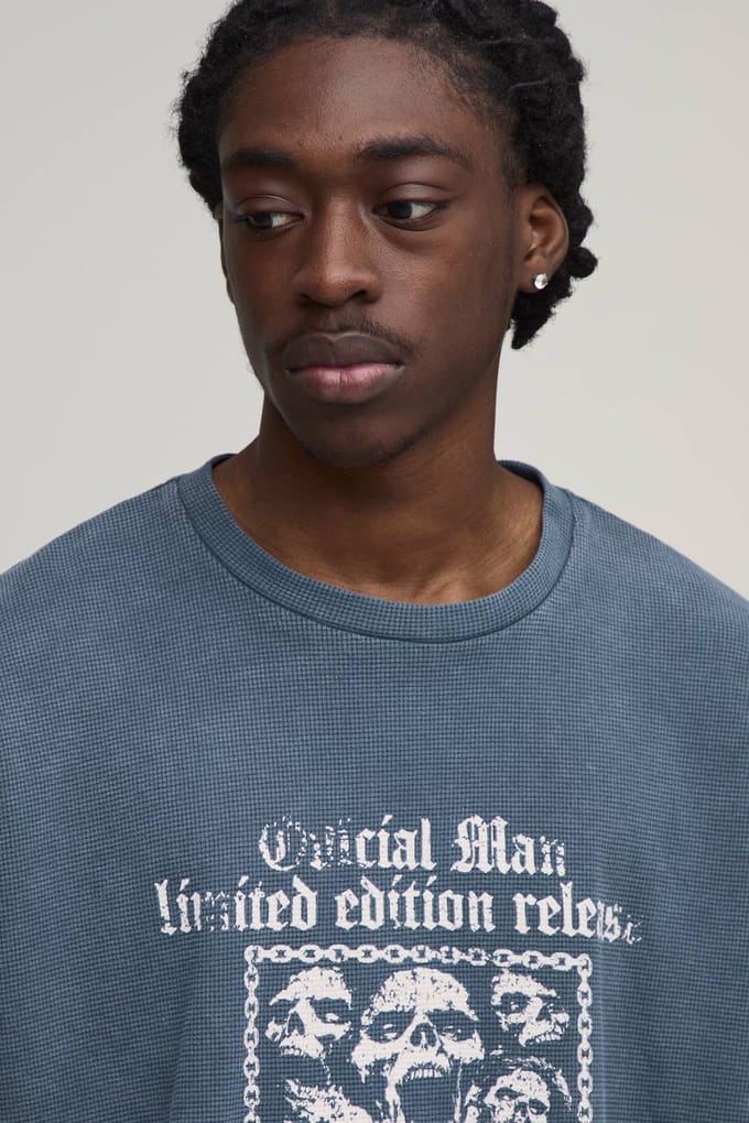 Oversized Waffle Gothic Print Short Sleeve T-Shirt | Charcoal | Size Medium
