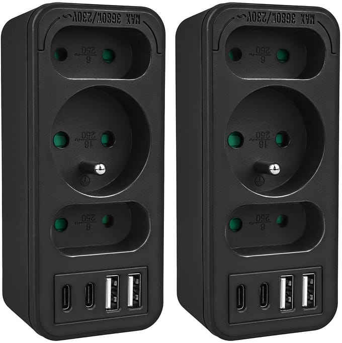 Maclean MCE248 F/B - Set van 2 stuks Stekker - 3-voudige splitter 2x USB-A 2x USB-C - Zwart