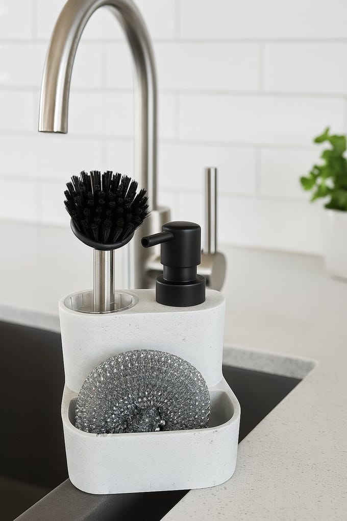 Mevaz 3-in-1 Zeepdispenser met Afwasborstel en Spons – Modern Design – Wit Marmerlook