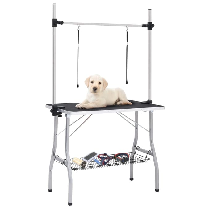 vidaXL - Hondentrimtafel - verstelbaar - met - 2 - lussen - en - opbergschap