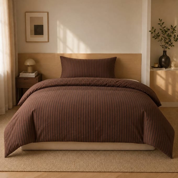 Beddengoedset 135x200 cm bruin gestreept allergievriendelijk microvezel dekbedovertrek met ritssluiting en 1 kussensloop 80x80 cm