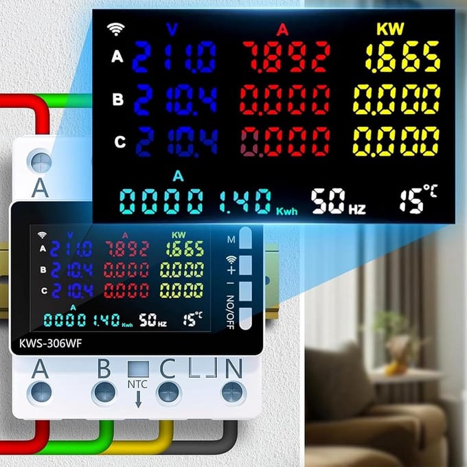 Wifi Slimme 3 Fasen Stroommeter | Digitale Stroommeter met Bescherming | Multifunctionele Meetfunctie | 80A