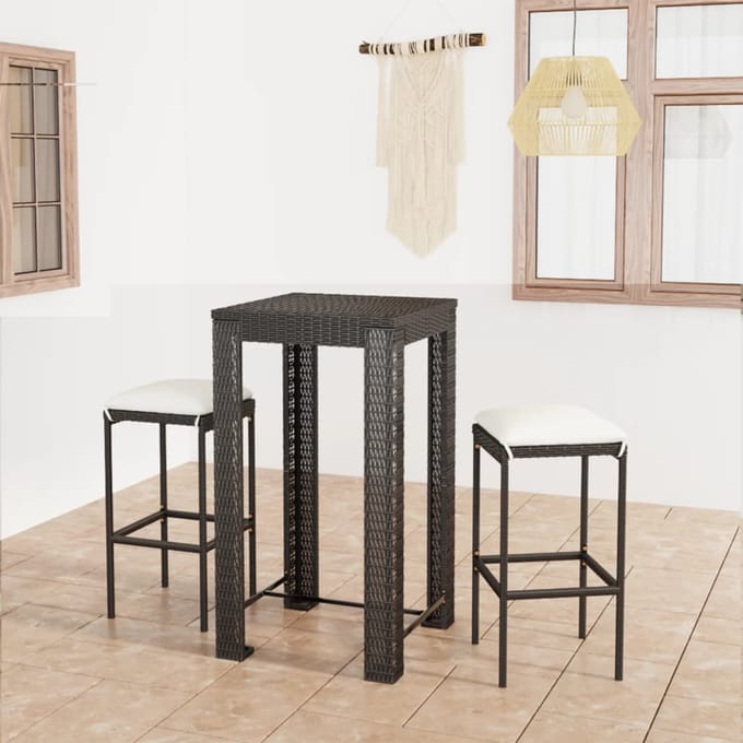 vidaXL - 3-delige - Tuinbarset - met - kussens - poly - rattan - zwart