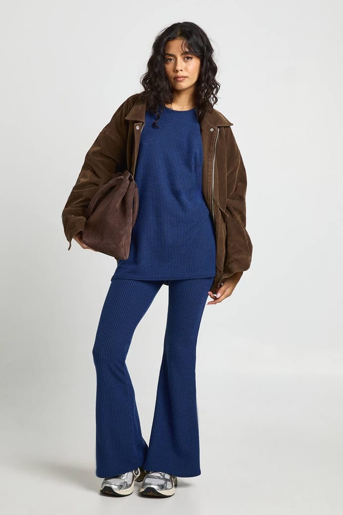 boohoo Dames Tweekleurige Geribbelde Wijd Uitlopende Legging & Top Set | Navy | Maat: 6