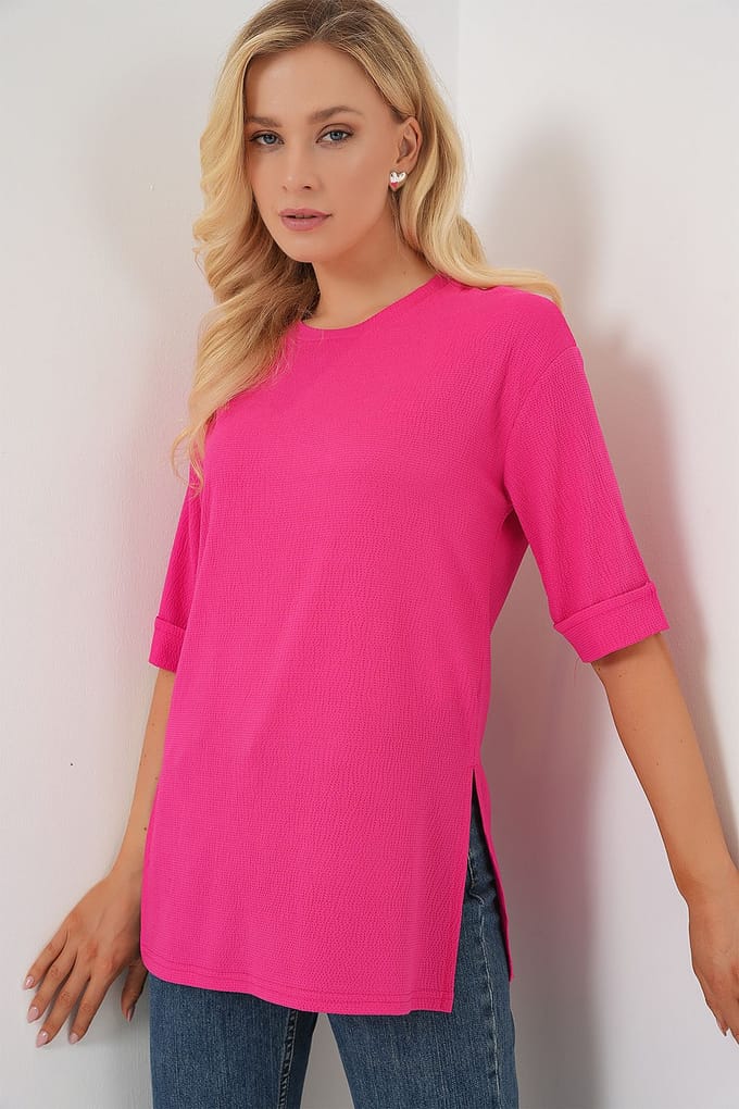 Gestructureerde Crewneck Korte Mouw T-Shirt