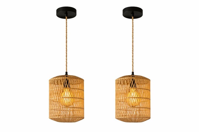 Jurrys Hanglamp - Plafondlamp - Eetkamerlamp - Boho lamp - Set van 2 - Verstelbare Kabel 150 cm - Rotan - Metaal - 17.5 x 21 cm