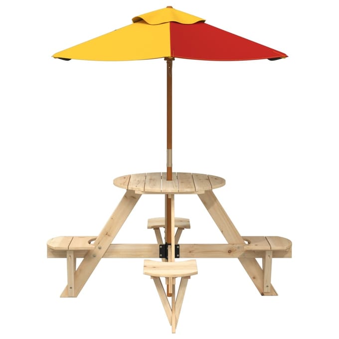 vidaXL - Picknicktafel - voor - 4 - kinderen - met - parasol - rond - vurenhout