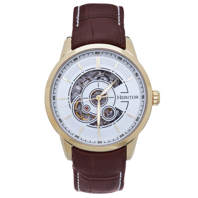 Heritor Automatic Davies Semi-Skelet leren band horloge - Goud/Bruin