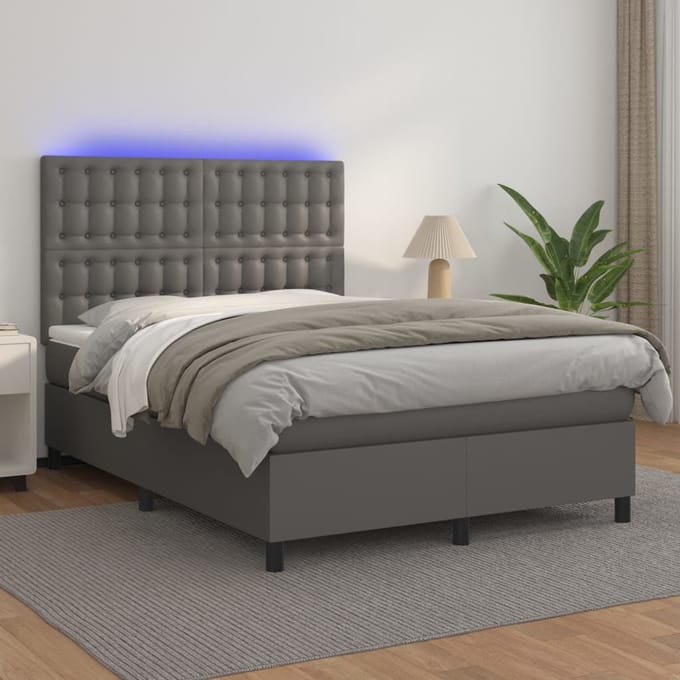 vidaXL - Boxspring - met - matras - en - LED - kunstleer - grijs - 140x200 - cm