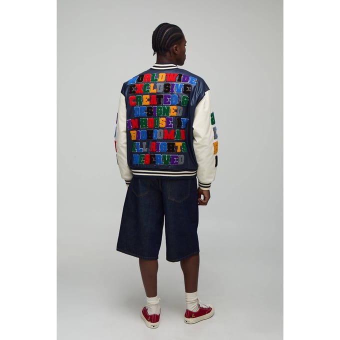 Oversized Boxy Fit Letter Badge Officiële Applique PU Varsity Bomberjack | Navy | Size Medium