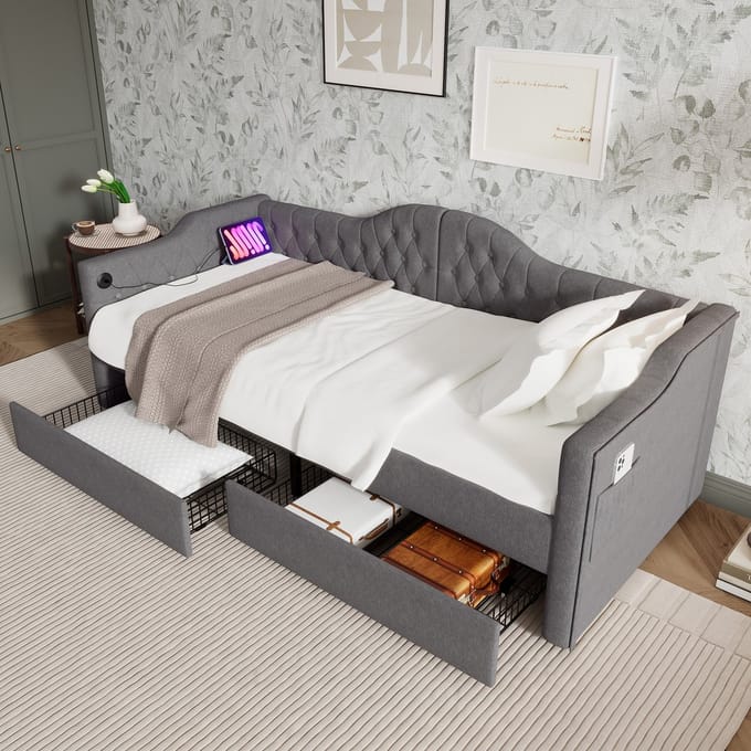 MODFU Daybed 90x200 cm – Linnen grijs – Met USB-C & 2 lades – Vintage getuft hoofdeinde