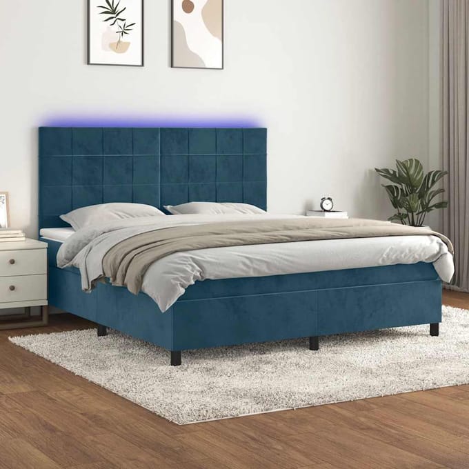 vidaXL - Boxspring - met - matras - en - LED - fluweel - donkerblauw - 160x200 - cm