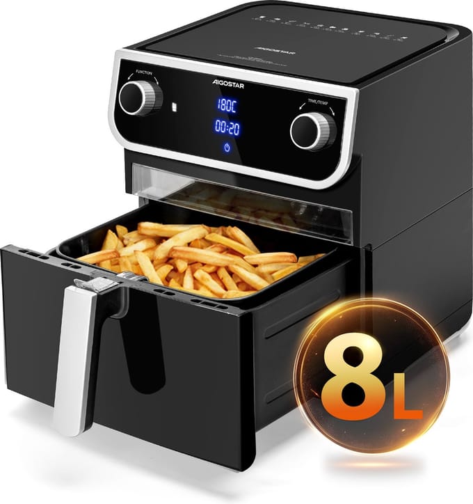 Aigostar 30I0T Joy - Airfryer XXL - Heteluchtfriteuse - 12 Automatische Programma's - 8L - Zwart