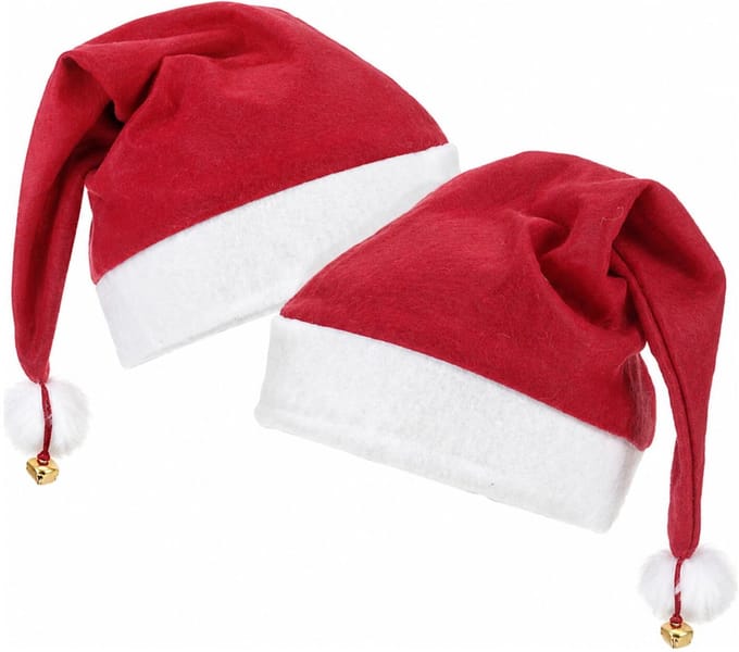 Feeric Christmas Pluche Kerstmuts - 2x - rood/wit - met belletje - pompom - 40 x 30 cm - volwassenen